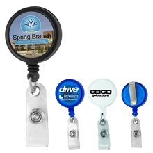 a group of 30 cord round jumbo imprint retractable badge reel with metal slip clip backing and badge holder - 4 colors
