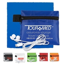 a group of mobile tech earbud kit with microfiber cleaning cloth in zipper pack components inserted into polyester zipper kit