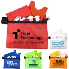 a group of saratoga mobile tech earbud kit with microfiber cleaning cloth and cell phone wallet in zipper kit