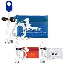 a group of cambell mobile tech earbud and charging cables kit in translucent carabiner zipper pouch