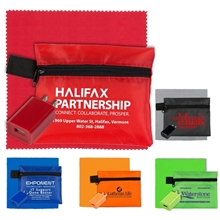 a group of techpack tech hom and travel kit with microfiber cleaning cloth and us wall charger in polyester zipper kit