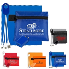 a group of techpack plus tech home and travel kit with microfiber cleaning cloth, usb wall charger and charging cables in polyester zipper pack components inserted into polyester zipper kit