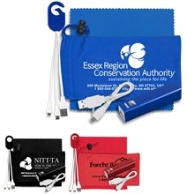 a group of daysaver plus mobile tech metal power bank charging kit in microfiber cinch pack components inserted into zipper kit