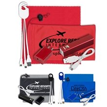 a group of daysaver lux mobile tech metal power bank charging kit with microfiber cloth in microfiber cinch pouch