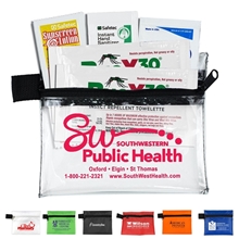aerial view a group of 5 piece insect repellent kit in zipper pack, image 1 of 3