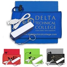 a group of techbank mobile tech power bank accessory kit in microfiber cinch pack components inserted into microfiber kit