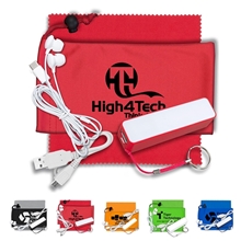 a group of techbank plus mobile tech power bank accessory kit with earbuds in microfiber cinch pouch
