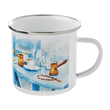 aerial view a white 12 oz camper enamel mug w / full color sublimation, image 1 of 2