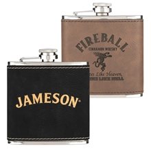 aerial view a group of leatherette wrapped 6 oz stainless steel hip flask, image 1 of 2