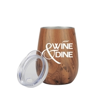 aerial view a wood tone 10 oz vacuum insulated stainless steel wood tone stemless wine glass, image 1 of 3