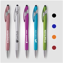 aerial view a group of sleek metallic barrel stylus pen, image 1 of 2