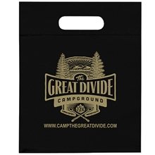 aerial view a black frosted plastic flexo ink multi color die cut handle bag 9.5 x 12, image 1 of 2