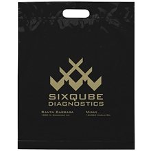 aerial view a black frosted plastic flexo ink multi color die cut handle bag 15 x 19, image 1 of 2