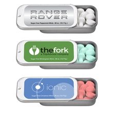 a group of promotional 2 x 1 small silver rectangular slider tin with mints with your logo