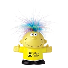 aerial view a yellow feel great silly hair talking stress ball, image 1 of 2