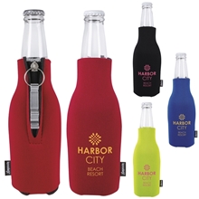 a group of koozie(r) zip - up bottle cooler with opener