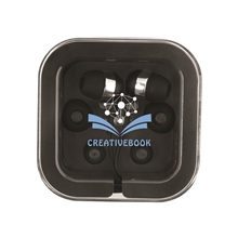 aerial view a black prime line earbuds with microphone, image 1 of 2