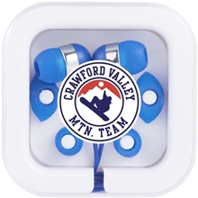 aerial view a royal blue color pop earbuds w / microphone, image 1 of 2