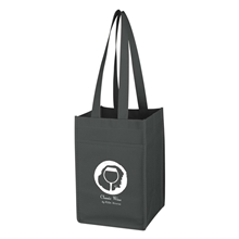 aerial view a black non - woven 4 bottle wine tote bag, image 1 of 2