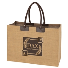 aerial view a natural with brown trim jumbo jute tote bag, image 1 of 2
