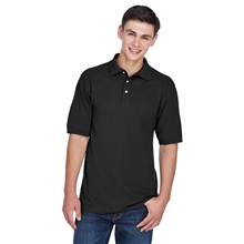 aerial view a black harriton 5.6 oz easy blend polo - mens, image 1 of 7