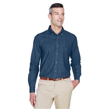 aerial view a dark denim harriton long - sleeve mens denim shirt, image 1 of 6