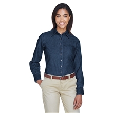 aerial view a dark denim harriton long - sleeve ladies denim shirt, image 1 of 7