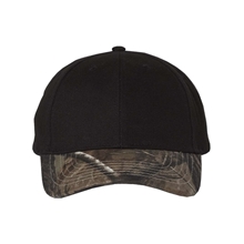 aerial view a black/ realtree ap kati - solid crown with camo visor cap - colors, image 1 of 4