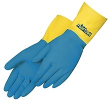 a blue/yellow unsupported flock lined glove with neoprene over latex