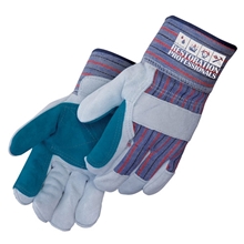 a teal/gray/striped canvas economy split leather double palm work gloves