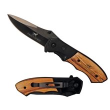 a black/wood grain black blade wood handle pocket knife