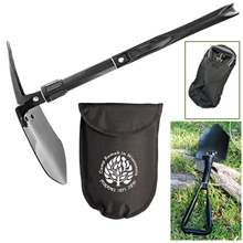 a black tri - fold shovel with pouch