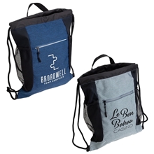 aerial view a group of greystone polycanvas drawstring backpack, image 1 of 2