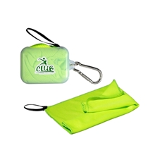 aerial view a green-lime cooling towel in carabiner case, image 1 of 2