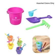 a assorted mini bucket beach play set with rake and scoop