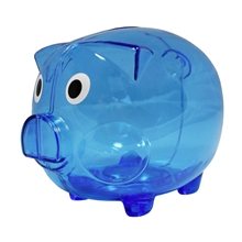 aerial view a blue tranlucent big boy piggy bank, image 1 of 2