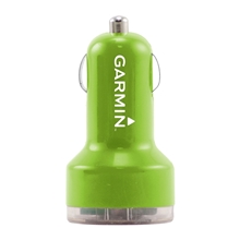 aerial view a green dual usb car charger, image 1 of 2