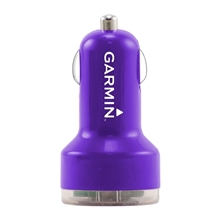 aerial view a purple dual usb car charger, image 1 of 2