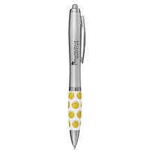 aerial view a silver smiley happy face ballpoint pen, image 1 of 3