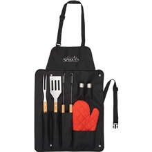 aerial view a black bbq now apron and 7 piece bbq set, image 1 of 7