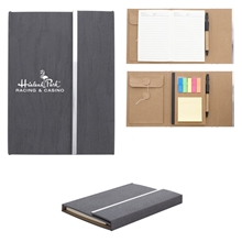 a group of woodgrain padfolio with sticky notes and flags