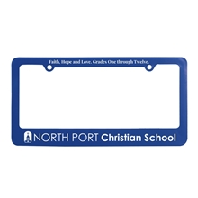 aerial view a blue classic license plate frame with 2 holes, image 1 of 2