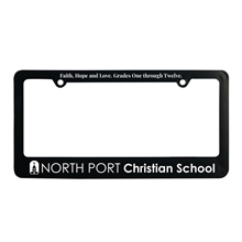 aerial view a black classic license plate frame with 2 holes, image 1 of 2