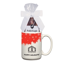 aerial view a white 15 oz full color mug with two packs of hot cocoa, image 1 of 3