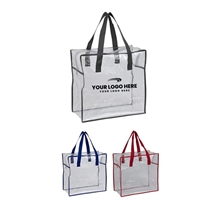 aerial view a group of 12w x 12h x 6gusset arete clear vinyl stadium compliant tote bag with zipper, image 1 of 4
