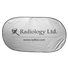 aerial view a silver nylon single panel car sun shade, image 1 of 2
