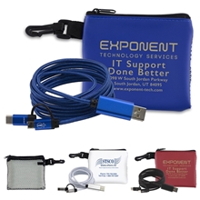 a group of techmesh wired mobile tech charging cable kit in mesh zipper pack components inserted into zipper kit