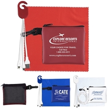 a group of techmesh hang pro mobile tech charging cable kit in mesh zipper pack components inserted into zipper kit