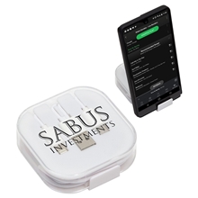 aerial view a white trio 3- in -1 charging cable with built - in phone stand, image 1 of 2