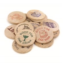 aerial view a group of 1-1/2 natural wood wooden nickel, image 1 of 6